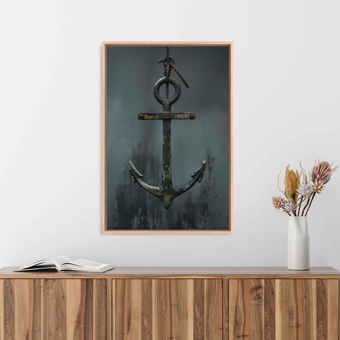 Weathered Iron Anchor Hanging With Rope On Dark Moody Background Poster - Image 3