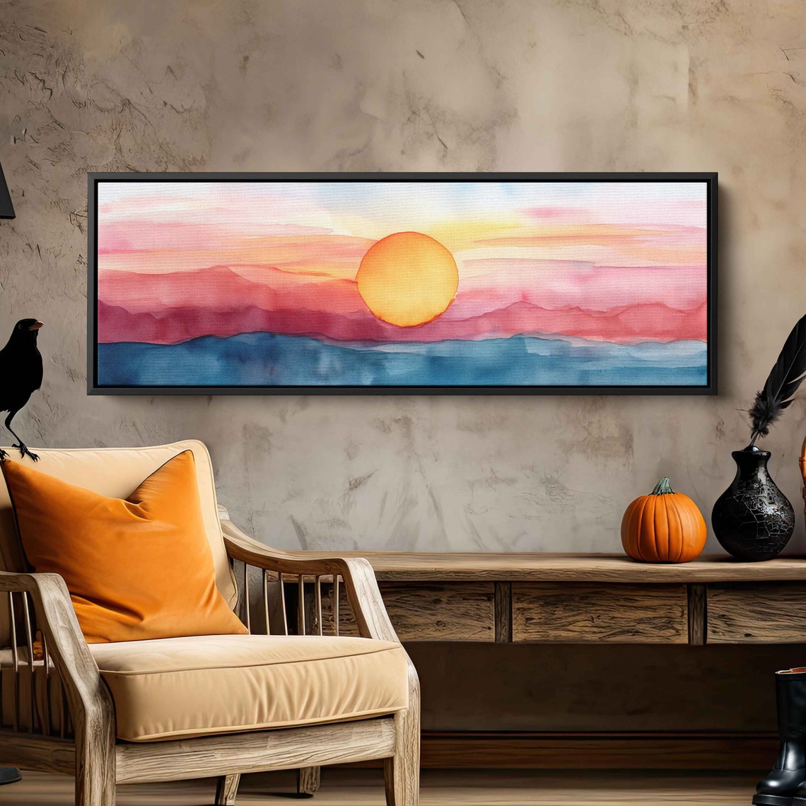 Watercolor Sunset Big Orange Sun Layered Mountains Lake Panorama Print - Image 3