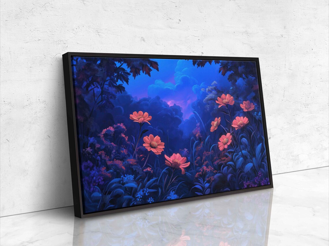 Neon Garden Flowers Under Moonlight Glowing Night Blossoms Art Poster - Image 4