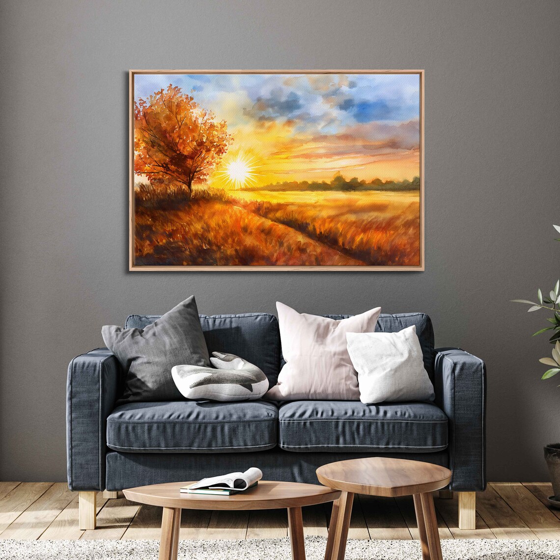 Lone Autumn Tree In Golden Meadow At Sunset Watercolor Art Poster - Image 3