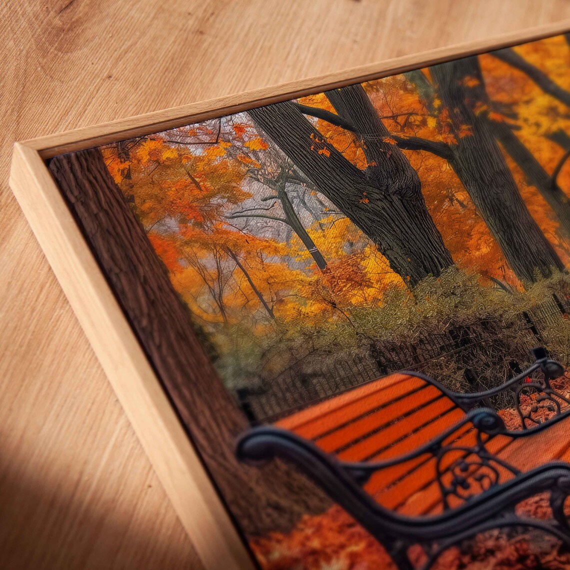 Autumn Park Alley Glowing Lamps Benches Red Foliage Photo Poster - Image 2