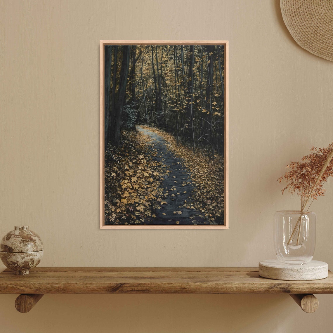 Dark Moody Forest Path Covered In Fallen Golden Leaves Art Poster
