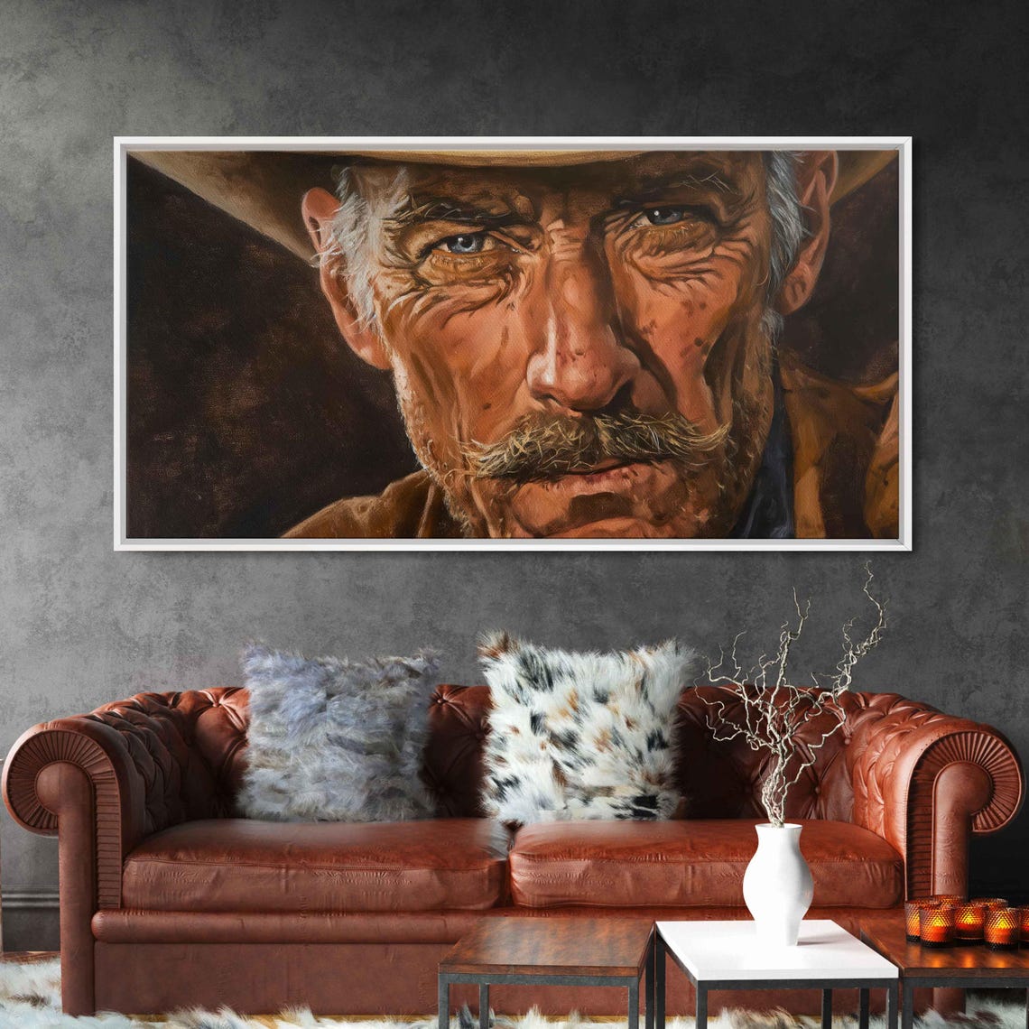 Old Cowboy With Mustache Blue Eyes Realistic Portrait Poster