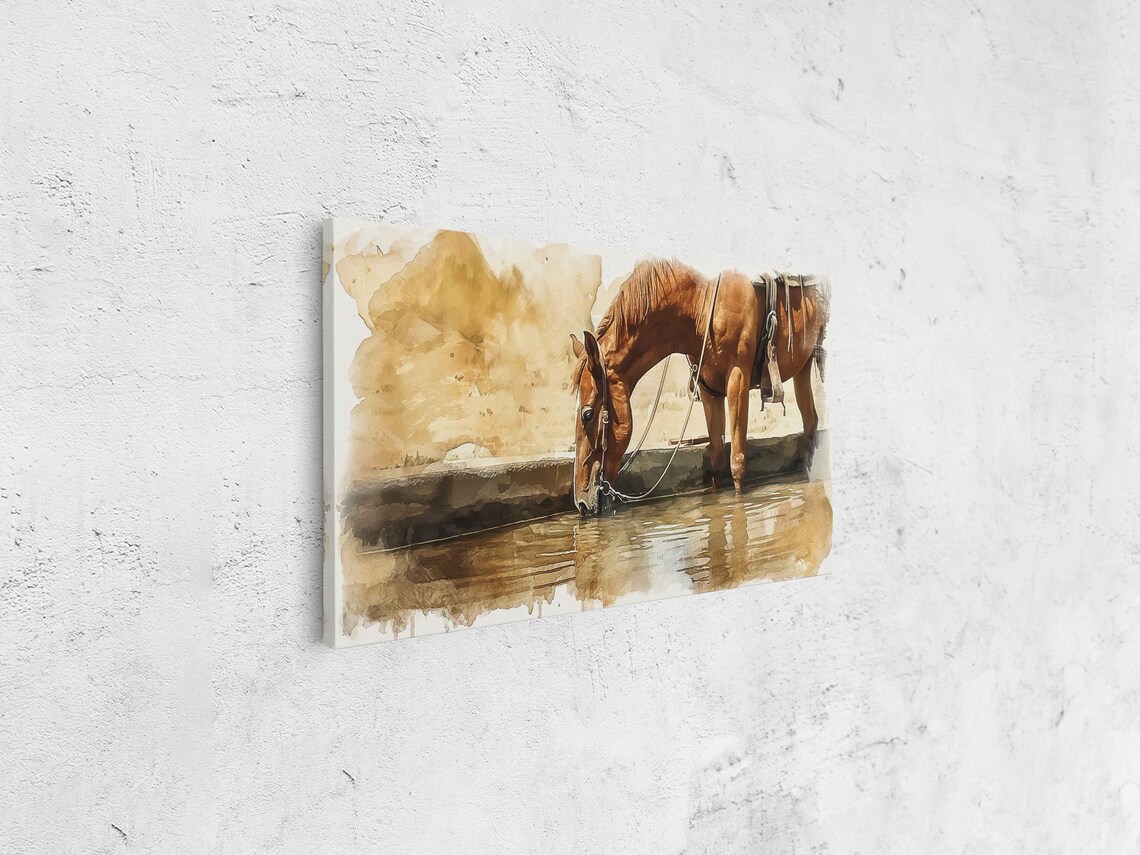 Chestnut Horse Drinking Water Trough Sepia Watercolor Wall Poster - Image 4