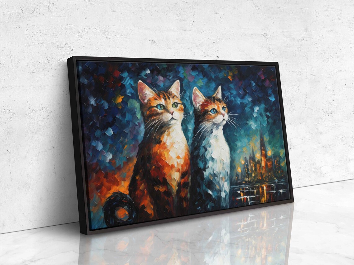 Two Cats City Night Lights Mosaic Colorful Oil Painting Animal Wall Art Print - Image 4