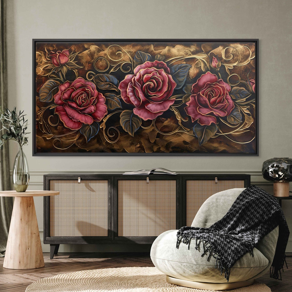 Ornate Vintage Red Roses With Gold Scrollwork Floral Art Poster