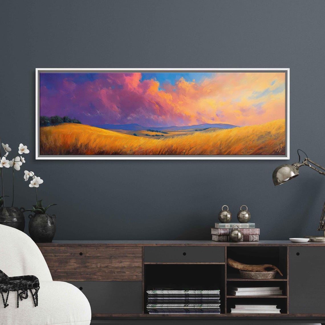 Peaceful Countryside Landscape Wall Art Print Colorful Dusk Sky Golden Fields Tranquility