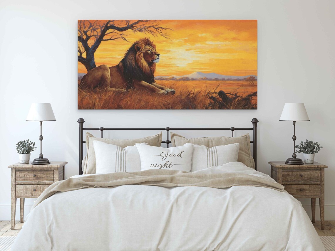 Majestic Lion Resting Golden Savanna Sunset Acacia Tree Wildlife Art Poster - Image 3
