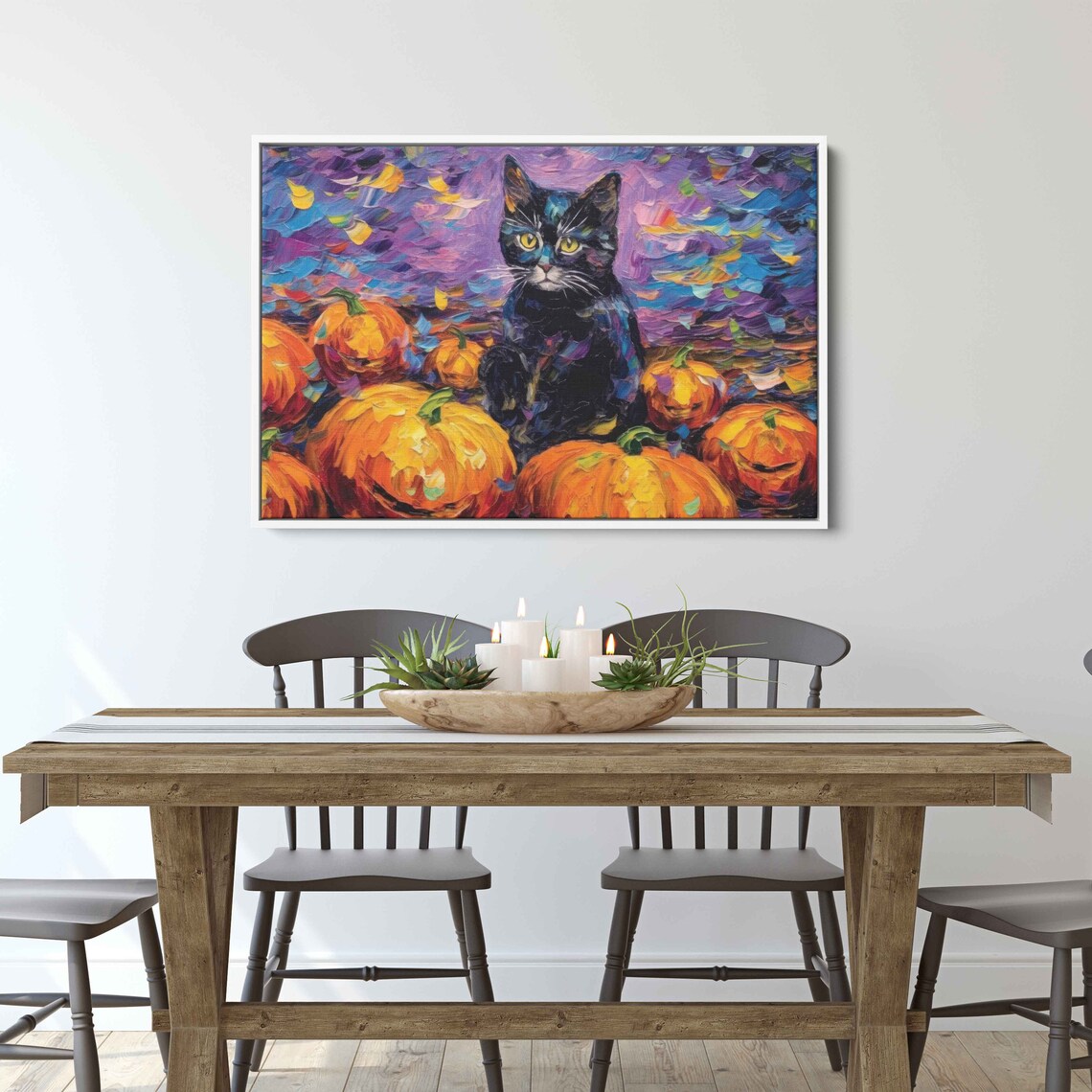 Black Cat Autumn Pumpkins Impressionist Brushwork Whimsical Halloween Art Print - Image 3