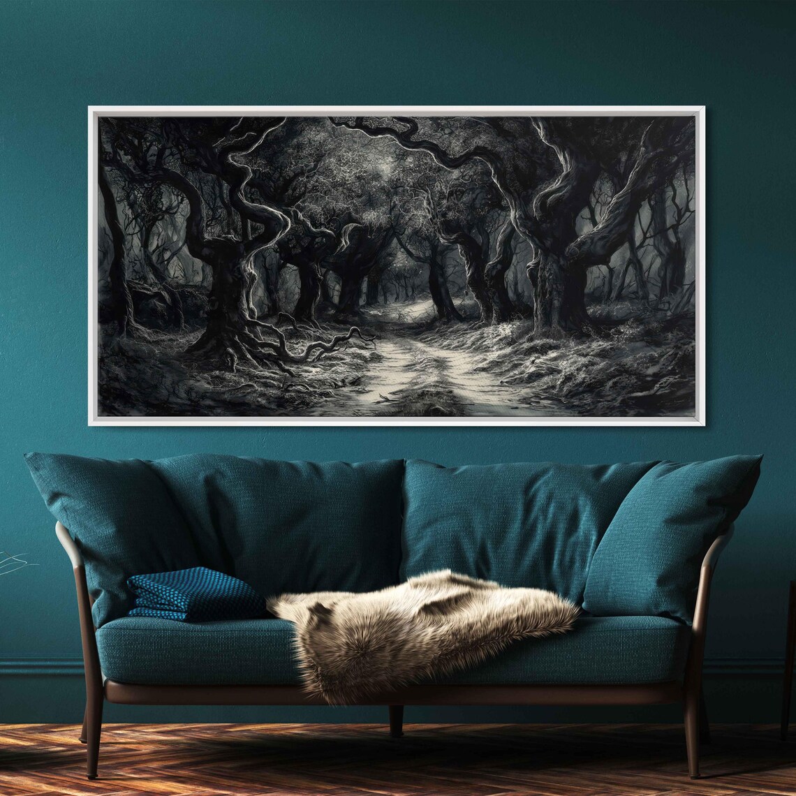 Twisted Tree Tunnel Winding Path Dark Forest Ink Panorama Halloween Poster - Image 3