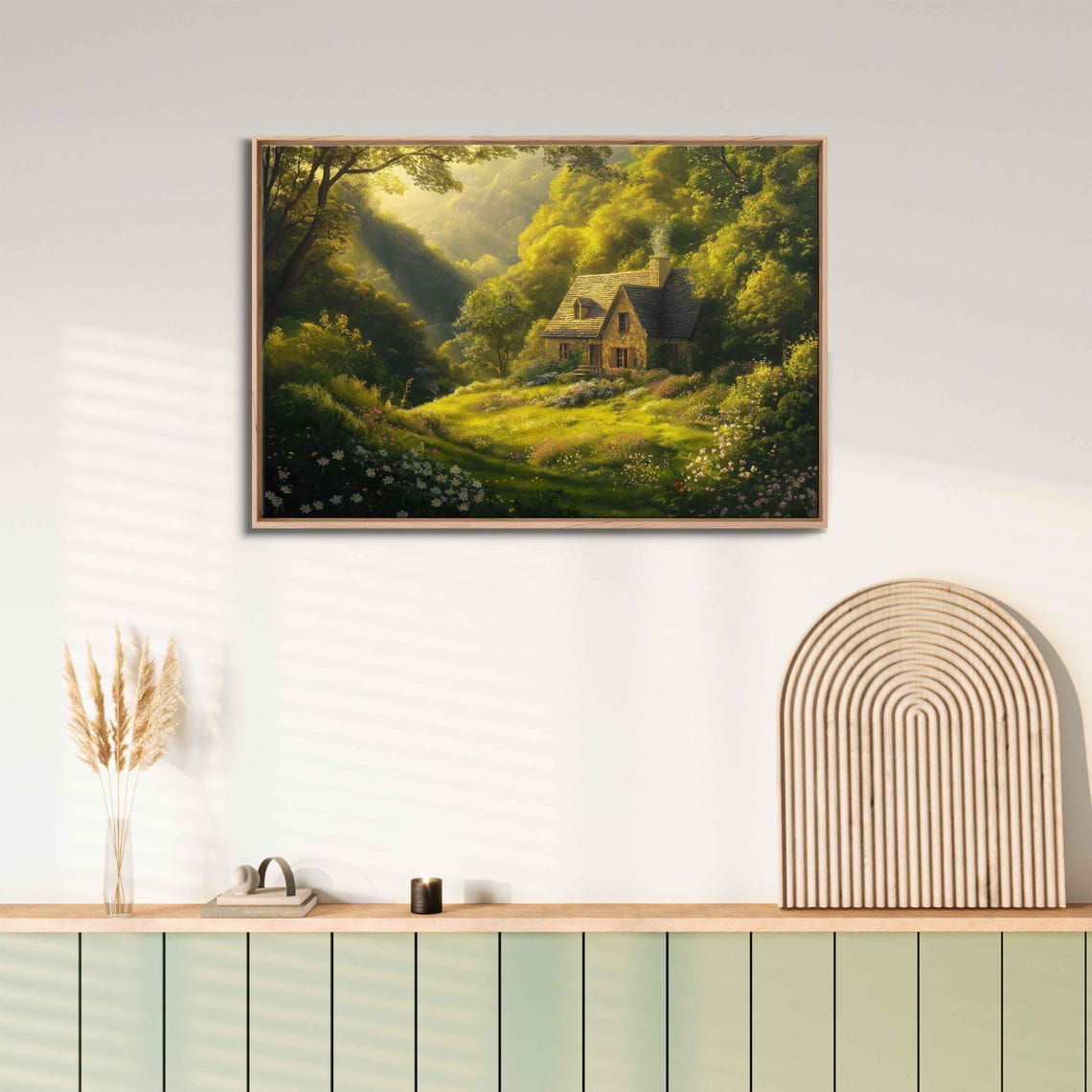 Stone Cottage Glowing In Sunlit Green Valley Meadows At Dawn Poster - Image 3