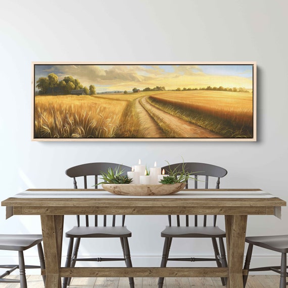 Minimalistic Rural Countryside Panoramic Landscape Wall Art Print Farmhouse In Wheat Field Country Sunset Ready To Hang