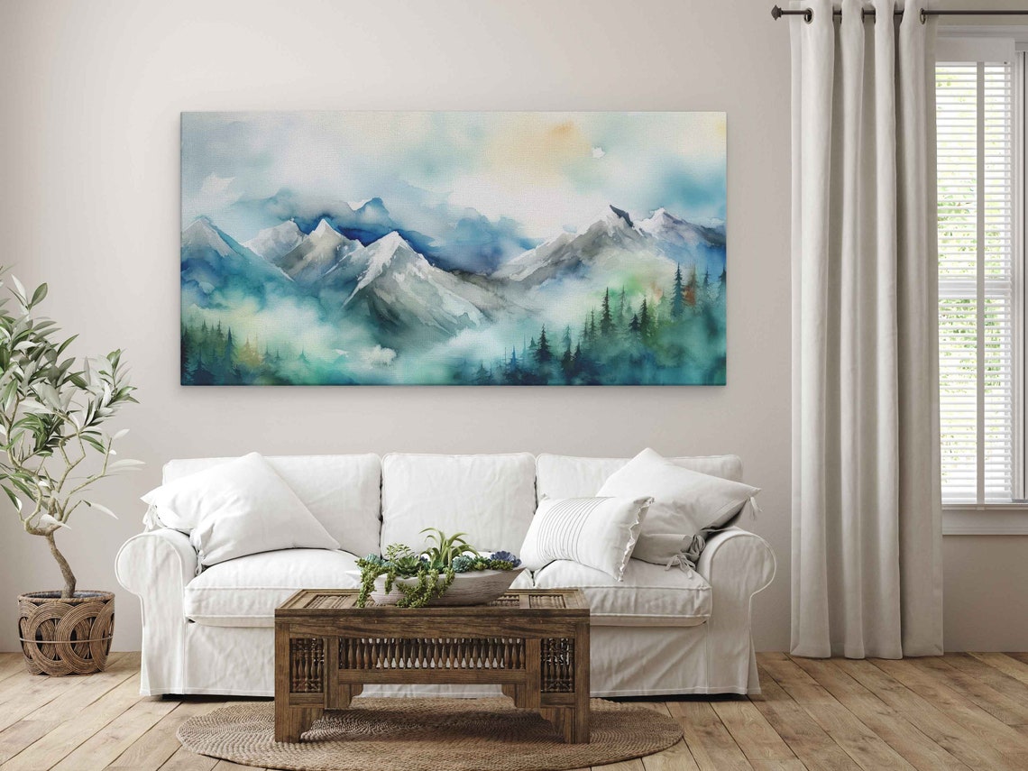 Foggy Blue Green Mountains Forest Watercolor Landscape Art Poster - Image 3