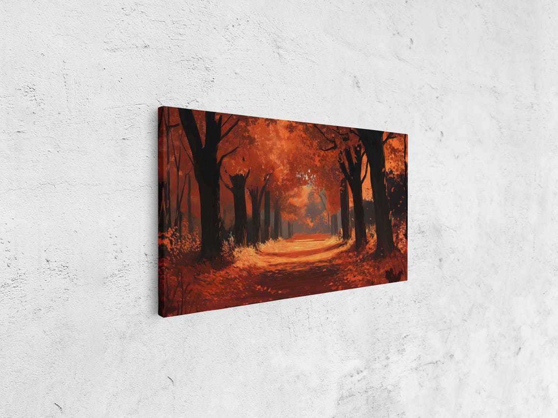 Rustic Painting Of A Red Autumn Forest Path At Golden Dusk Poster - Image 4