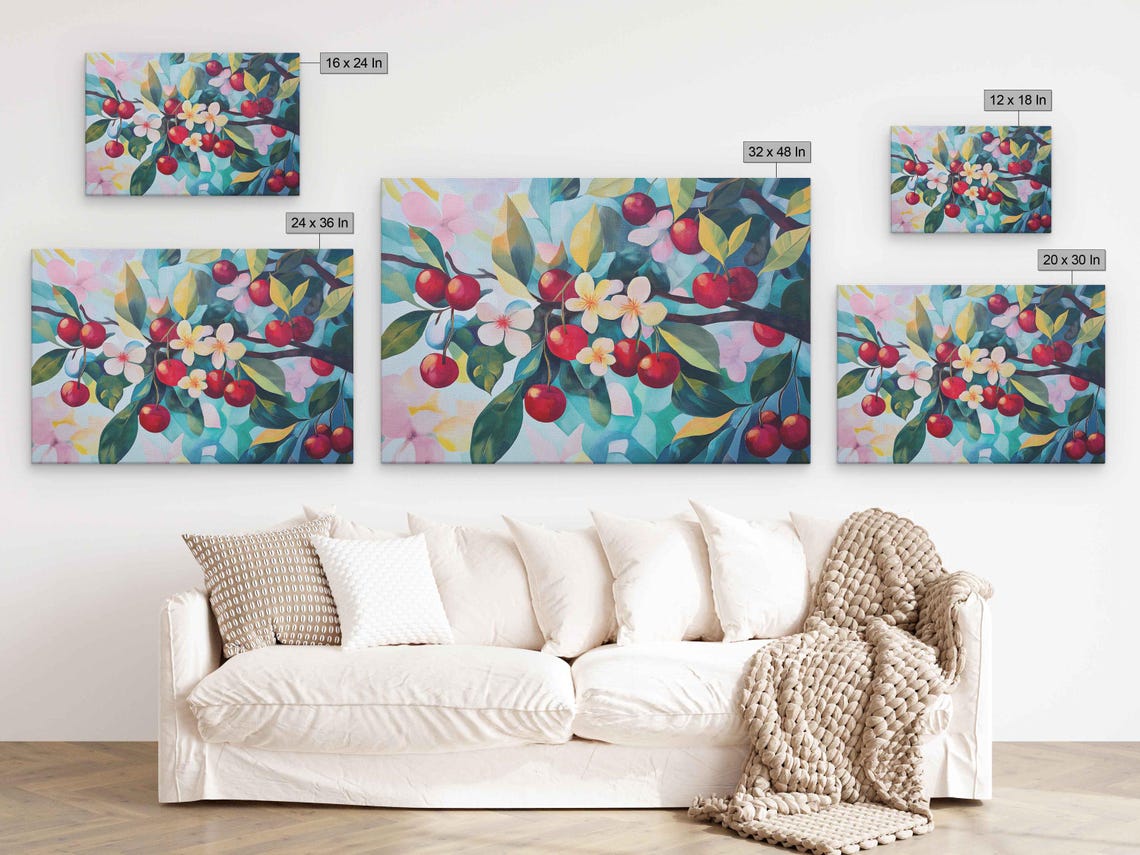 Ripe Cherries White Blossoms Turquoise Leaves Impressionist Art Poster - Image 2