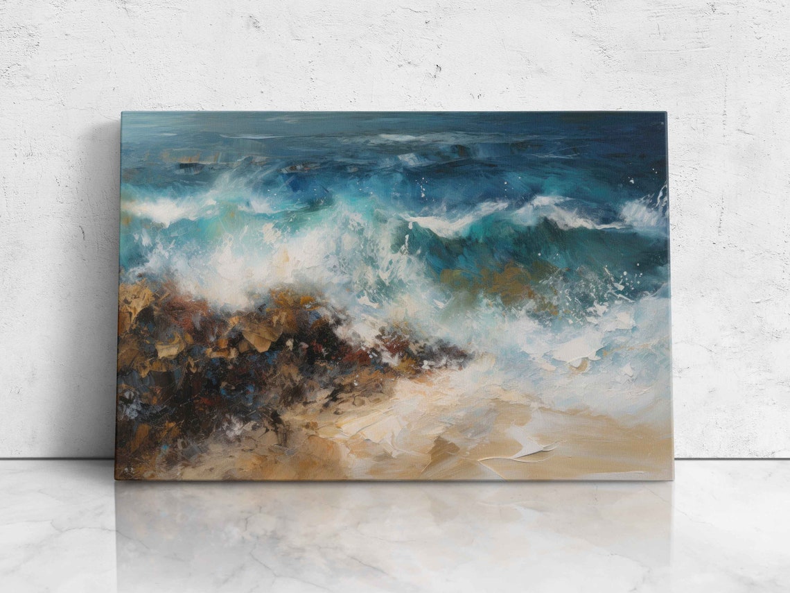 Abstract Ocean Waves Crashing On Golden Rocks Beach Painting Print