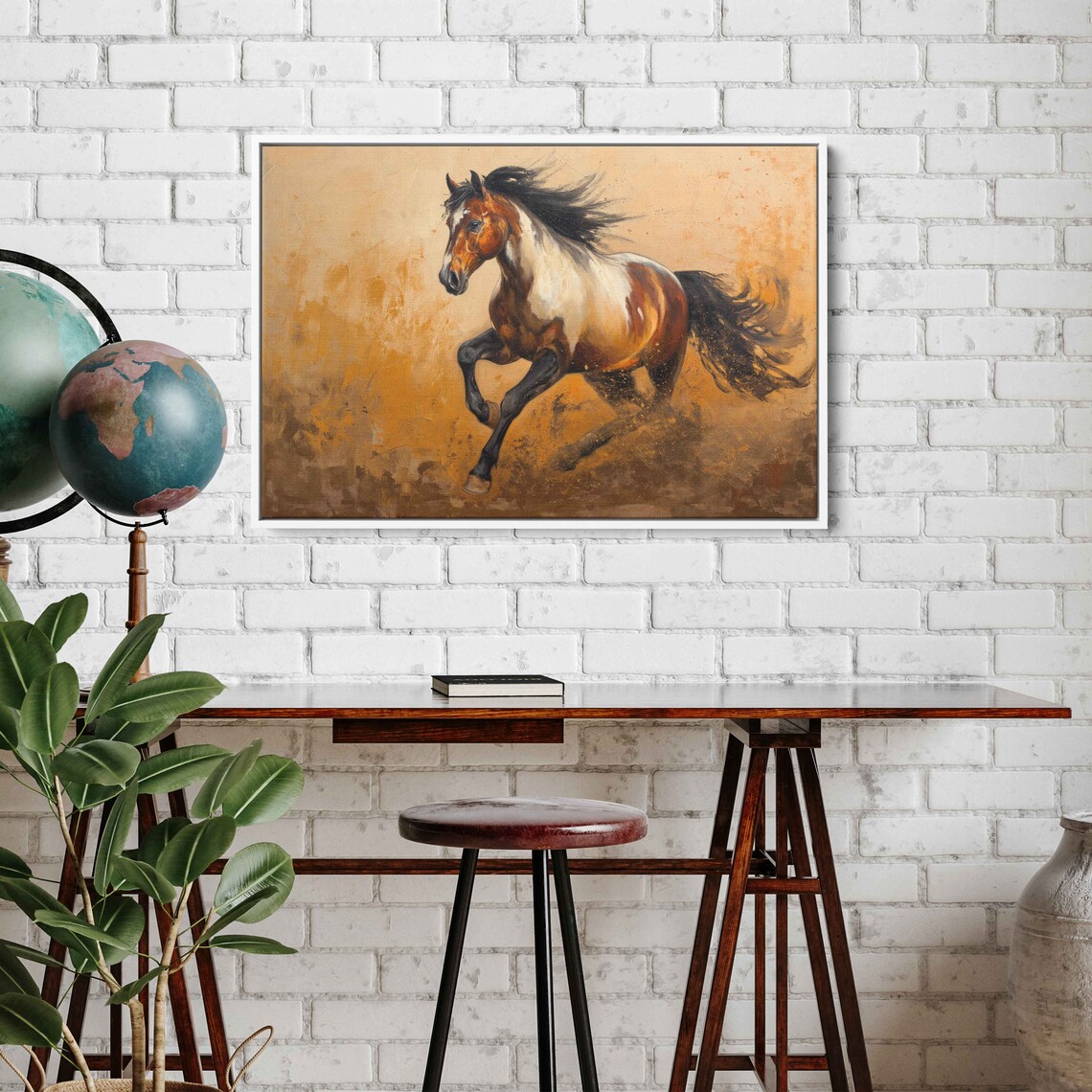 Pinto Horse Galloping Wild Golden Dust Equestrian Oil Painting Print - Image 3