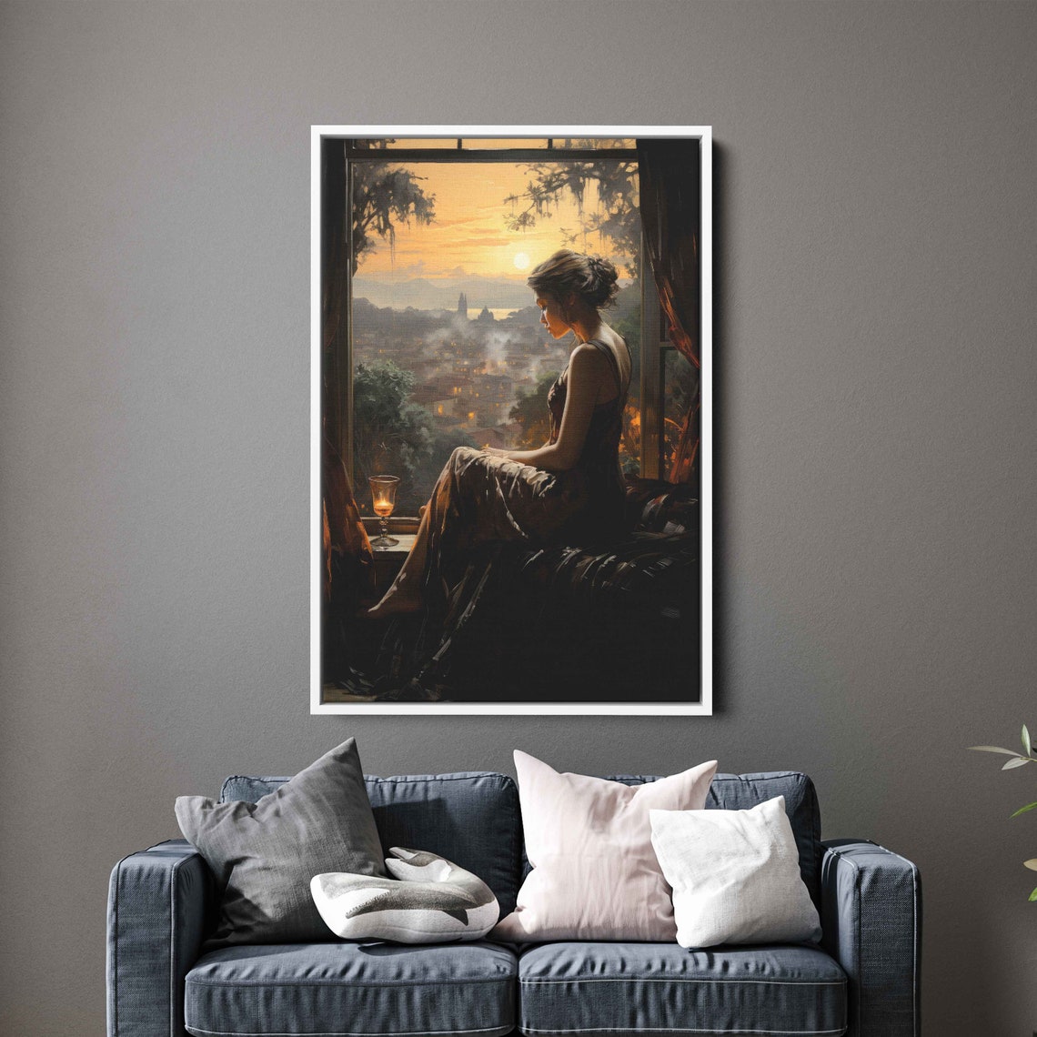 Woman On Windowsill Watching Sunset Over City Evening Wall Art - Image 2