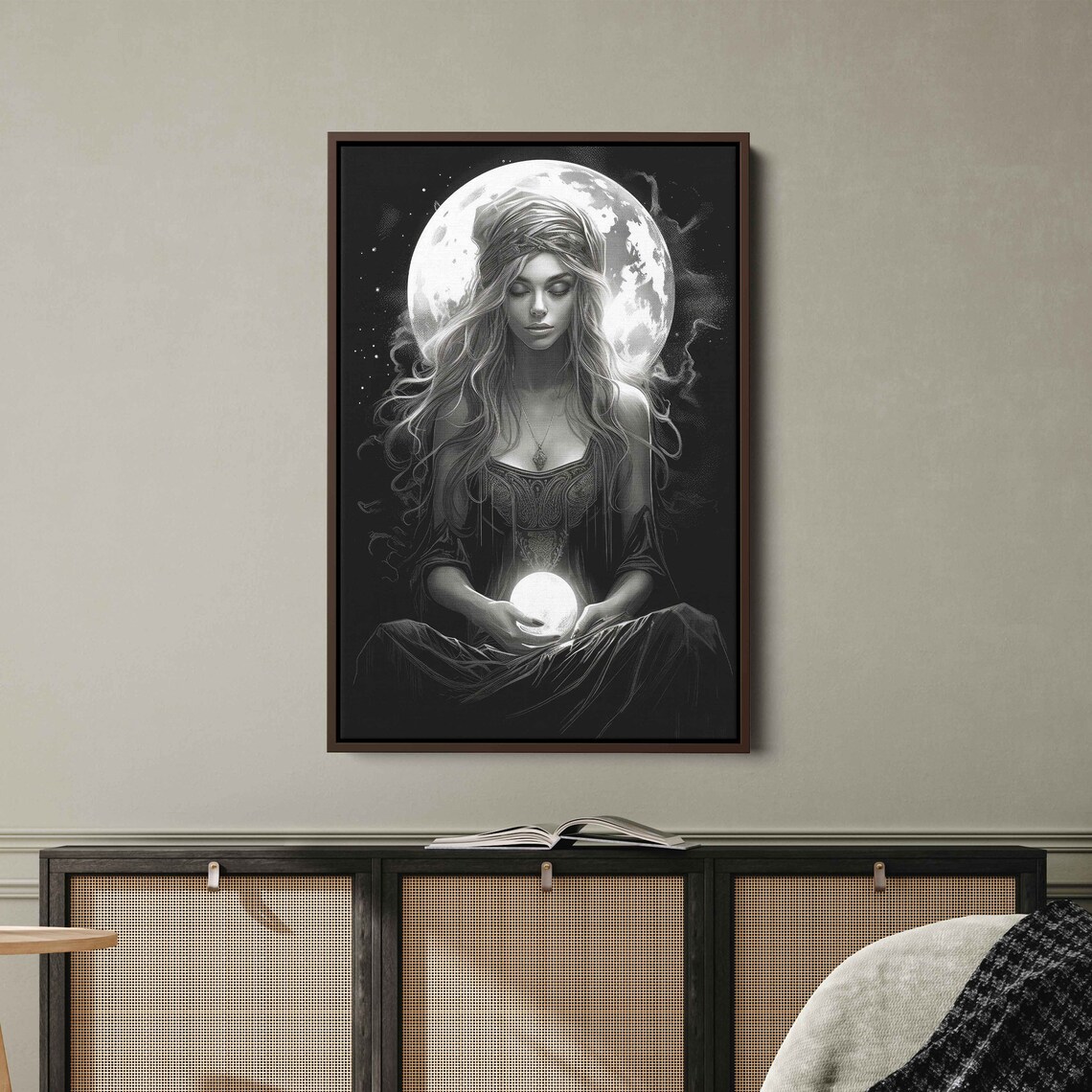 Celestial Sorceress Black White Full Moon Glowing Orb Halloween Art Print - Image 3