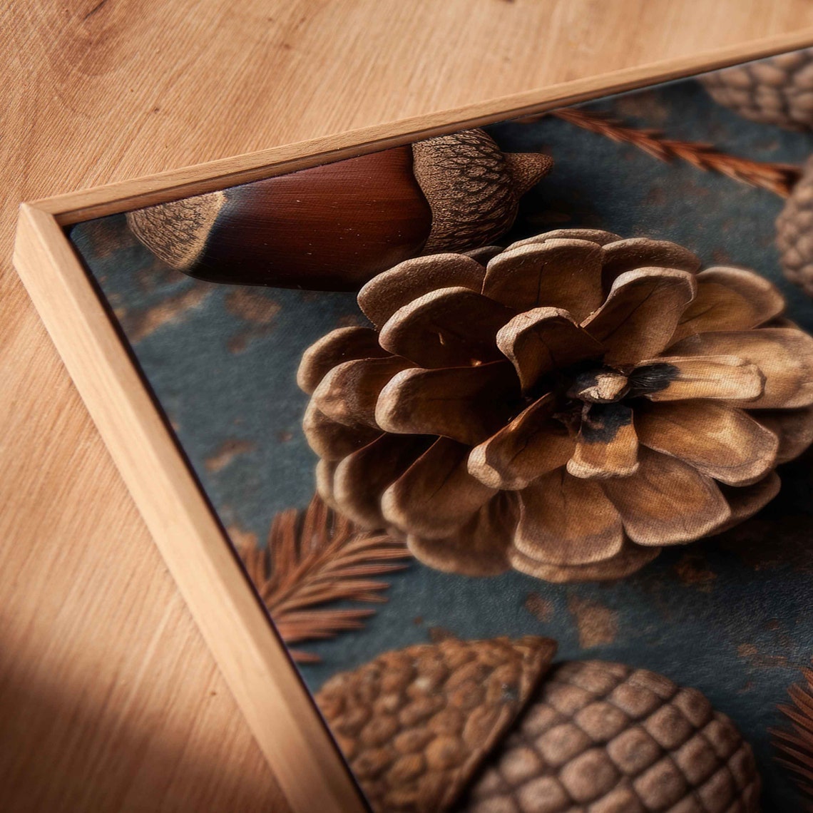 Acorns And Pinecones On Blue Grey Slate Rustic Flat Lay Photo Poster - Image 2