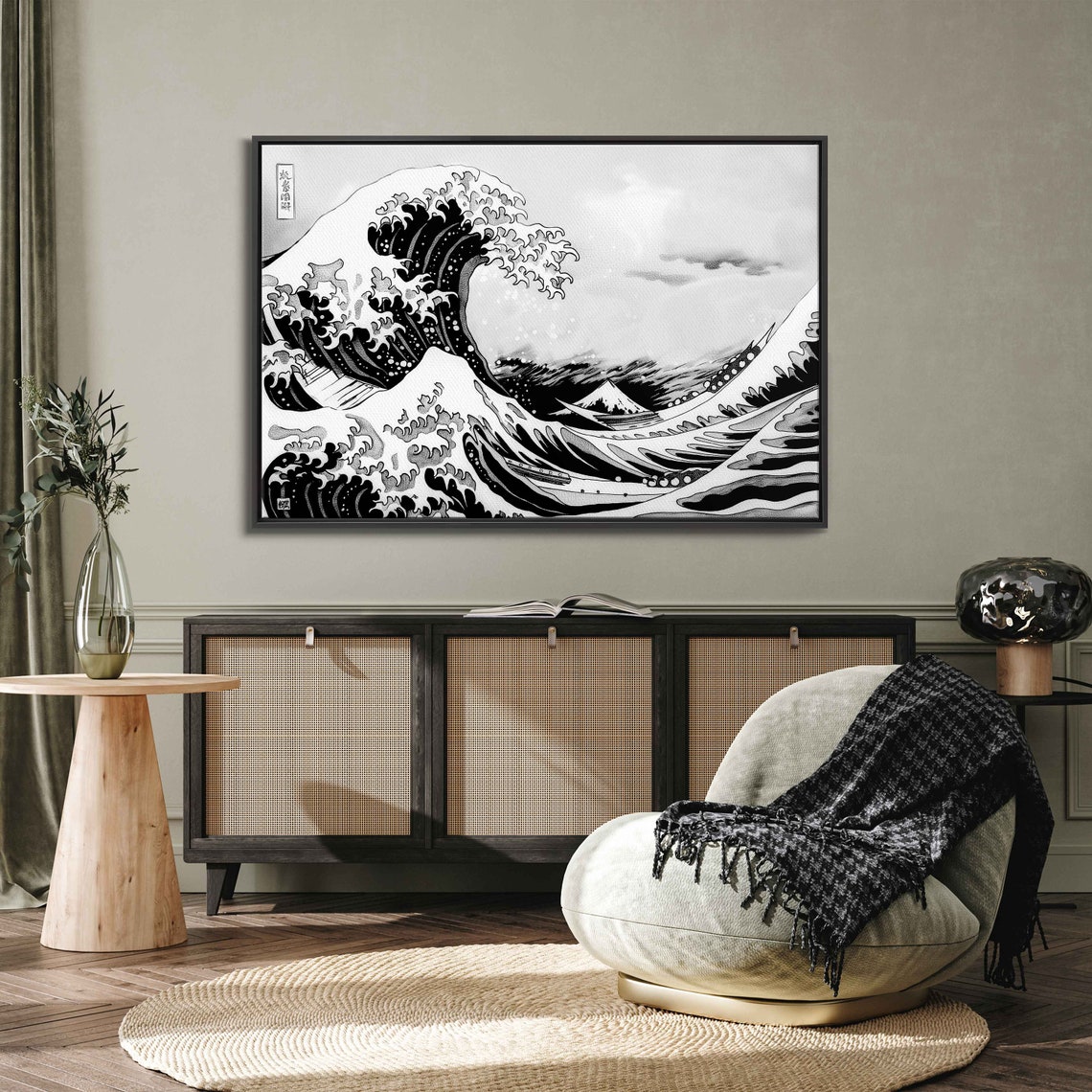 Great Wave Kanagawa Hokusai Ink Wash Style White Japanese Poster