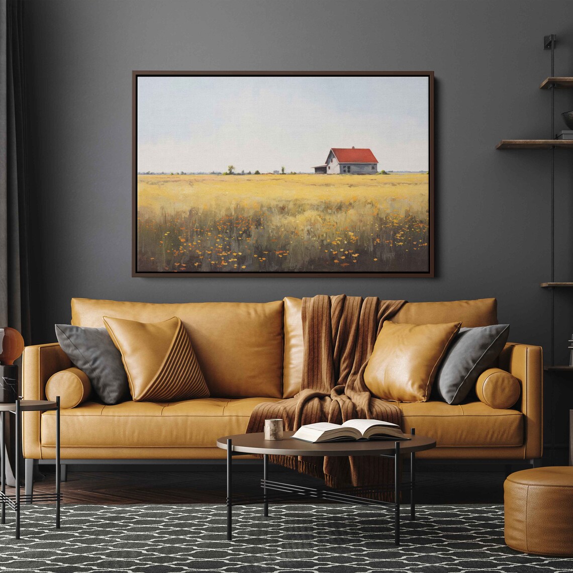 Golden Field Red Roof Farmhouse Wildflowers Country Sunset Poster - Image 3