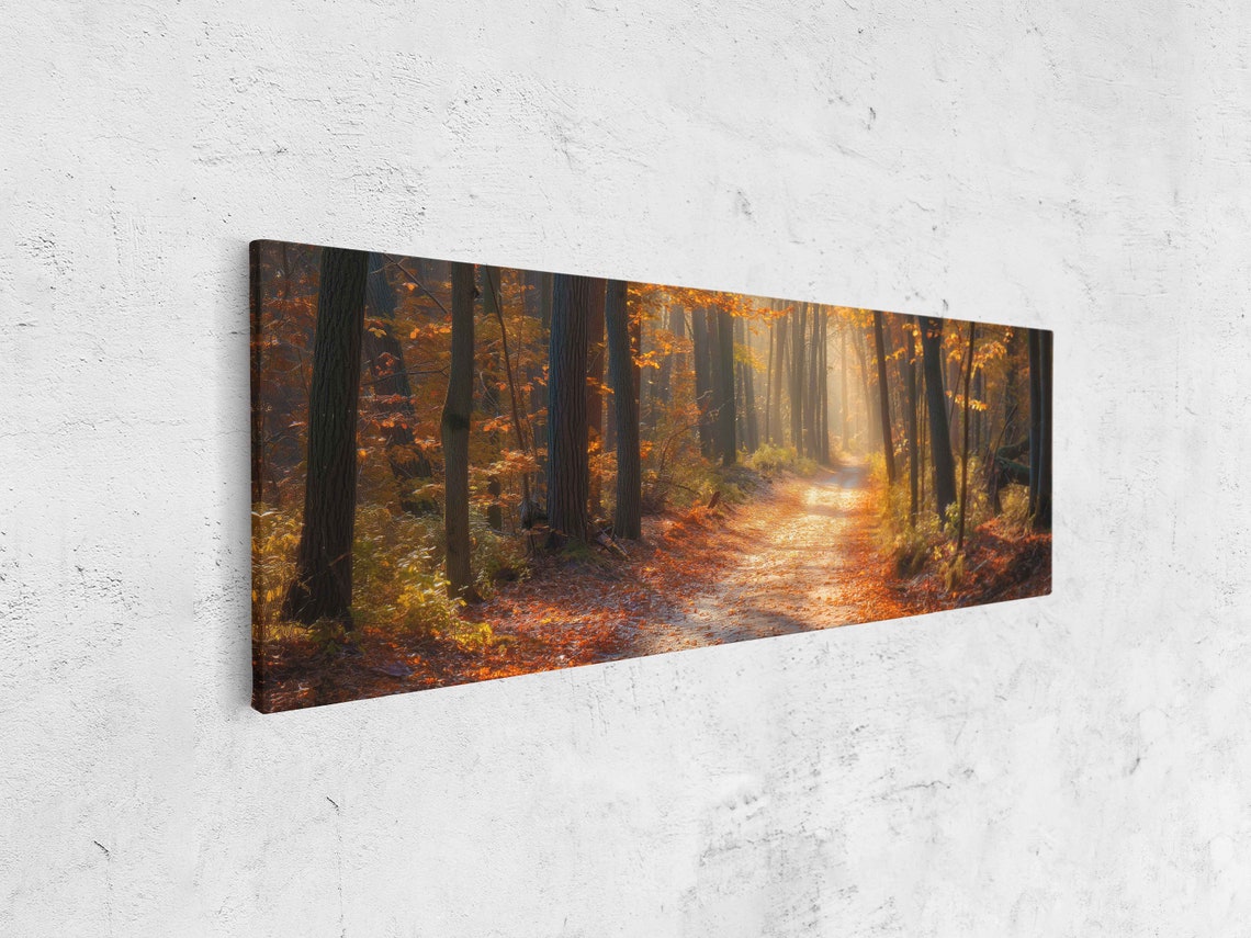 Sunlit Autumn Forest Path Tall Trees Red Leaves Photo Poster - Image 4