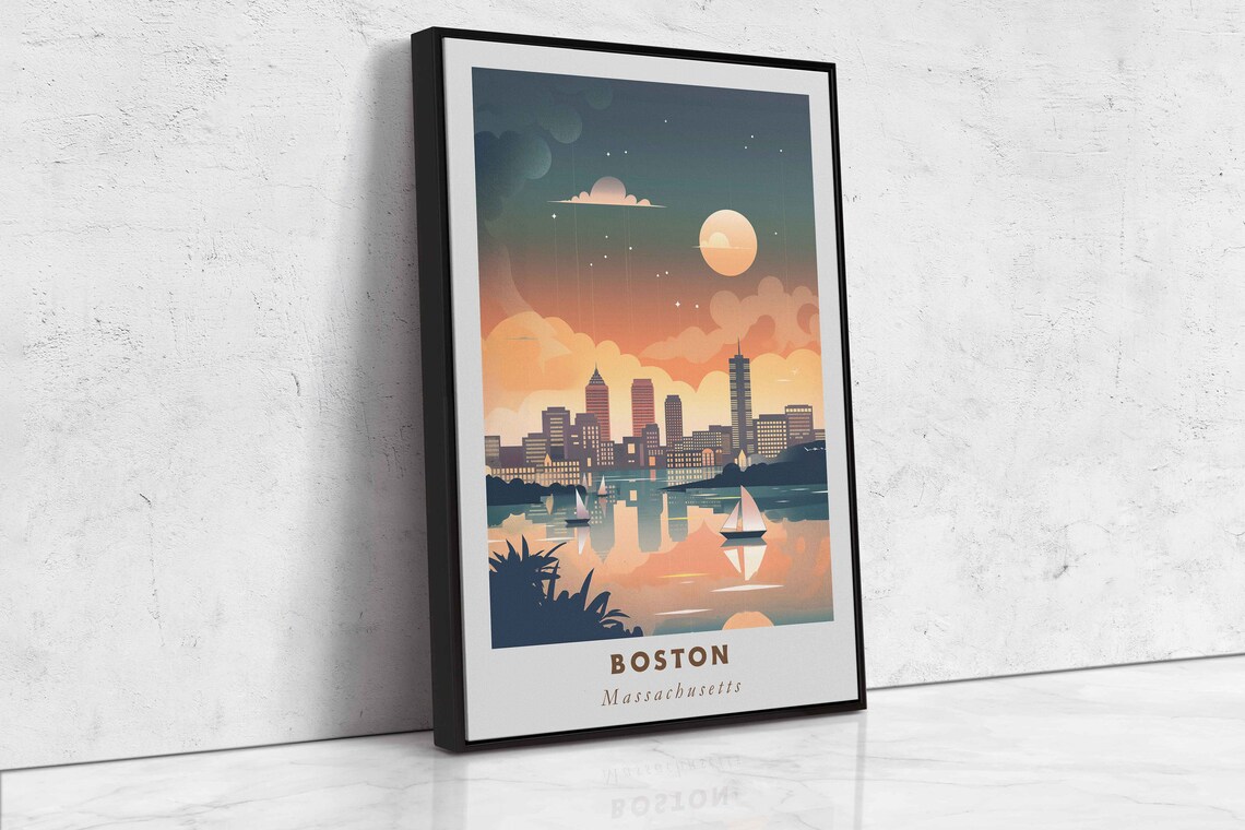Boston Massachusetts Harbor Skyline Sailboats Sunset View Poster - Image 2