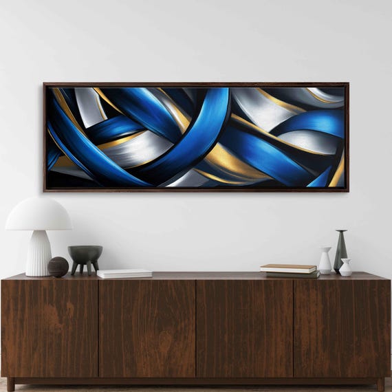 Abstract Blue And Black Painting Wall Art Print Gold Accents Sophisticated Design