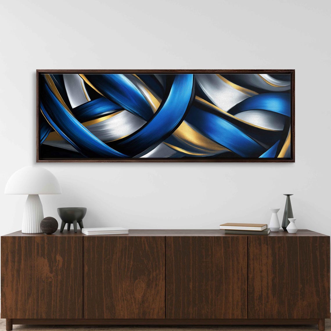 Dynamic Blue Ribbon Swirls Black Gold Silver Modern Abstract Poster
