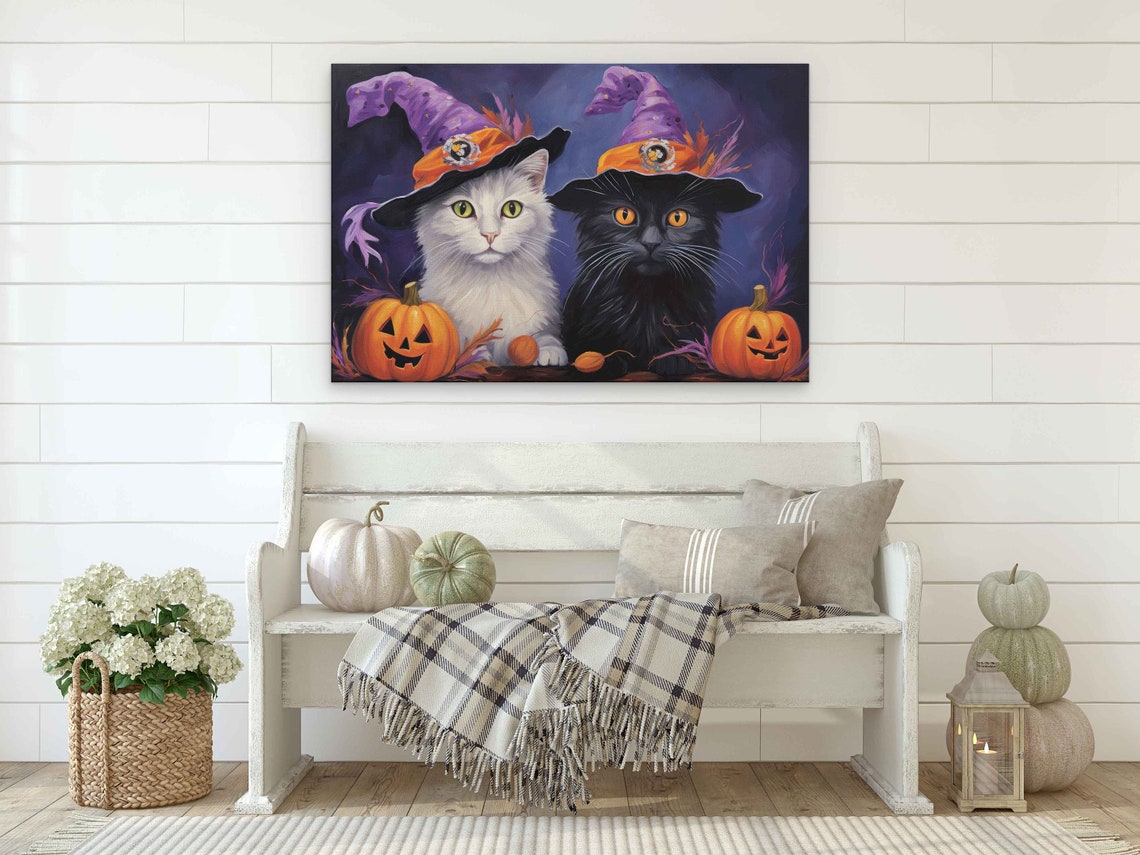 Cute Halloween Cat Wizards Oil Painting Framed Reproduction Print Ready To Hang - Image 3