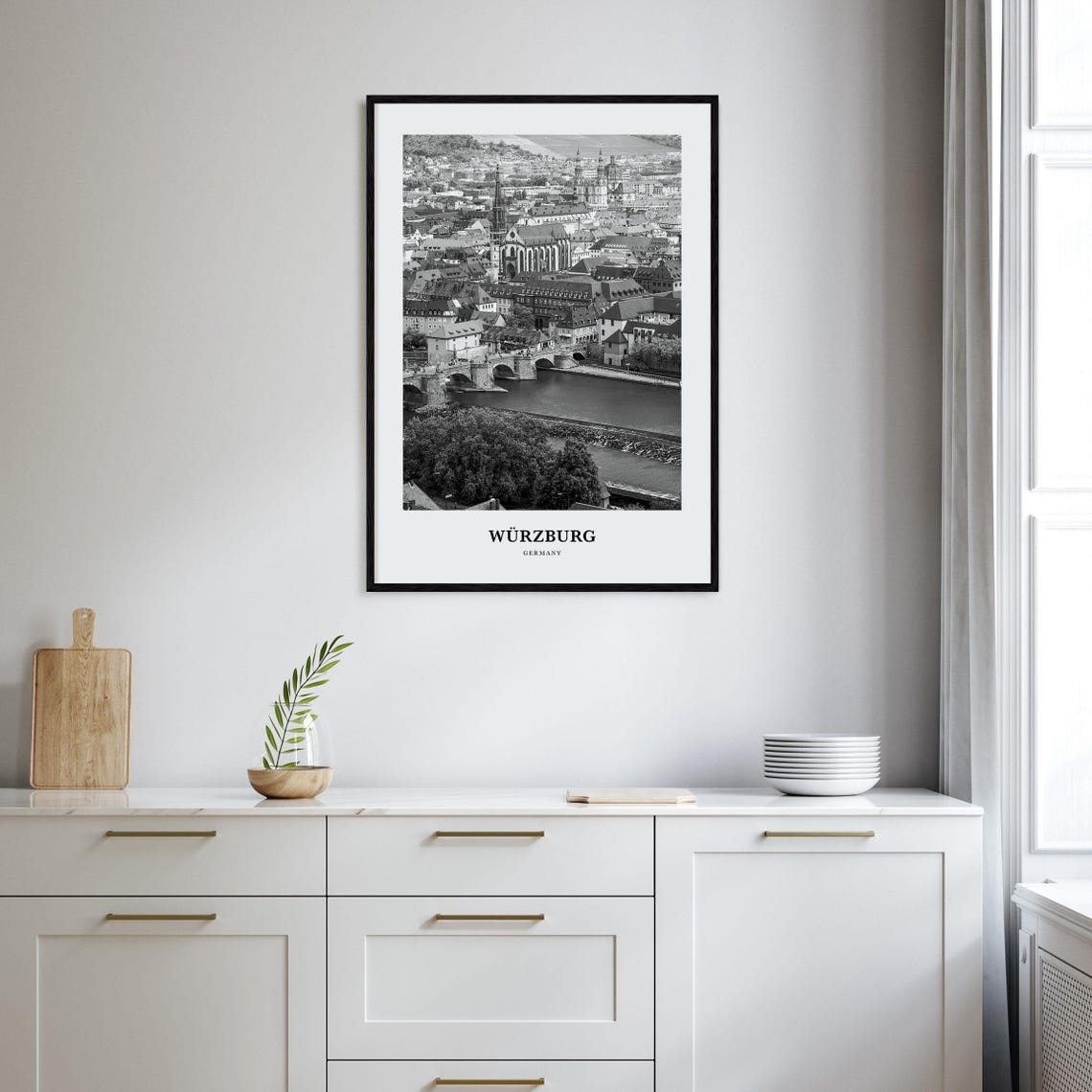 Wurzburg Germany Old Town Main Bridge View Black and White Poster - Image 2