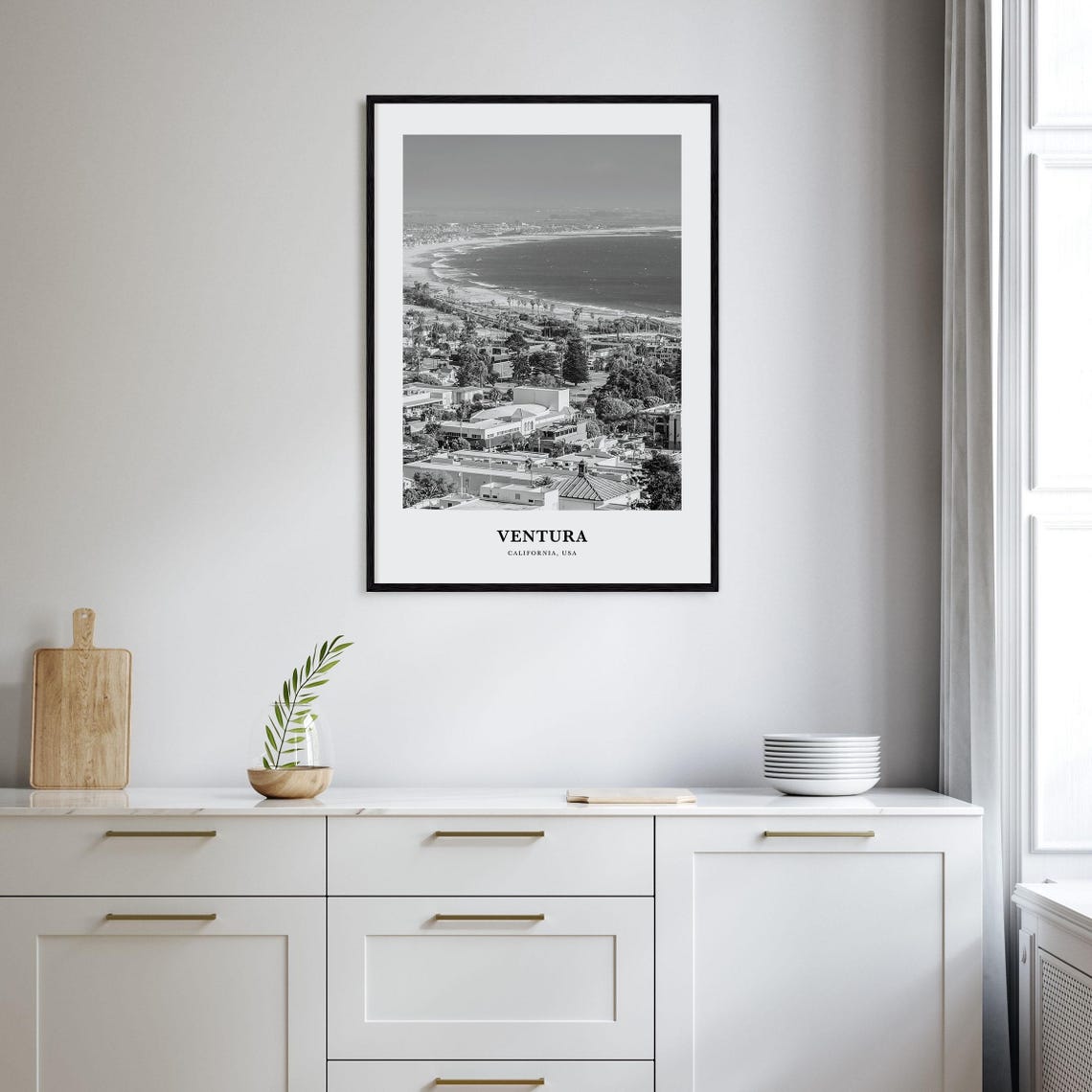 Ventura California Coastal Town Aerial Beach Monochrome Art Poster - Image 2