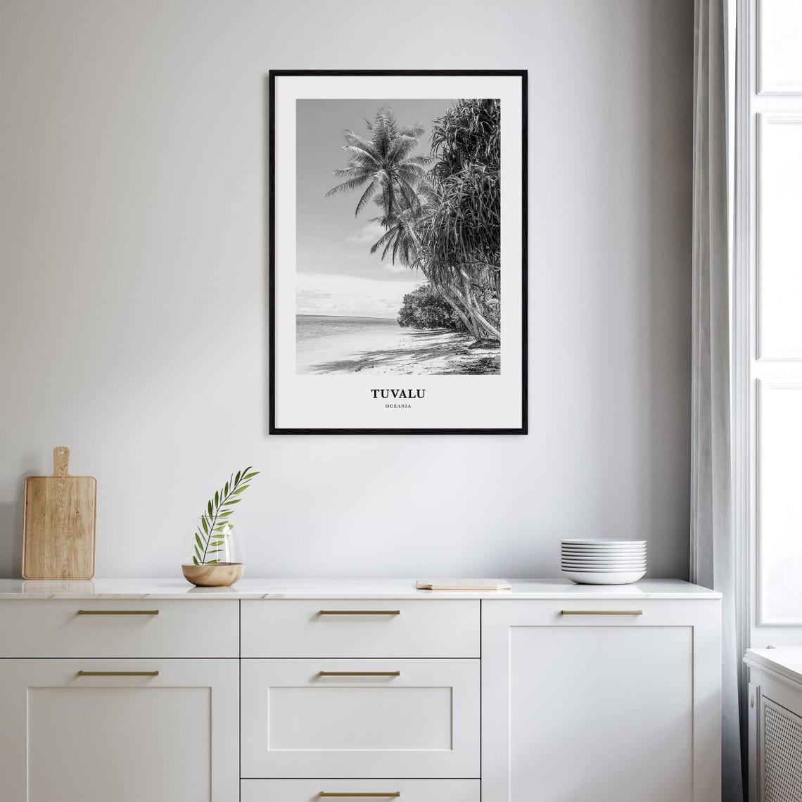 Tuvalu Oceania Palm Tree Beach Black and White Tropical Poster - Image 2