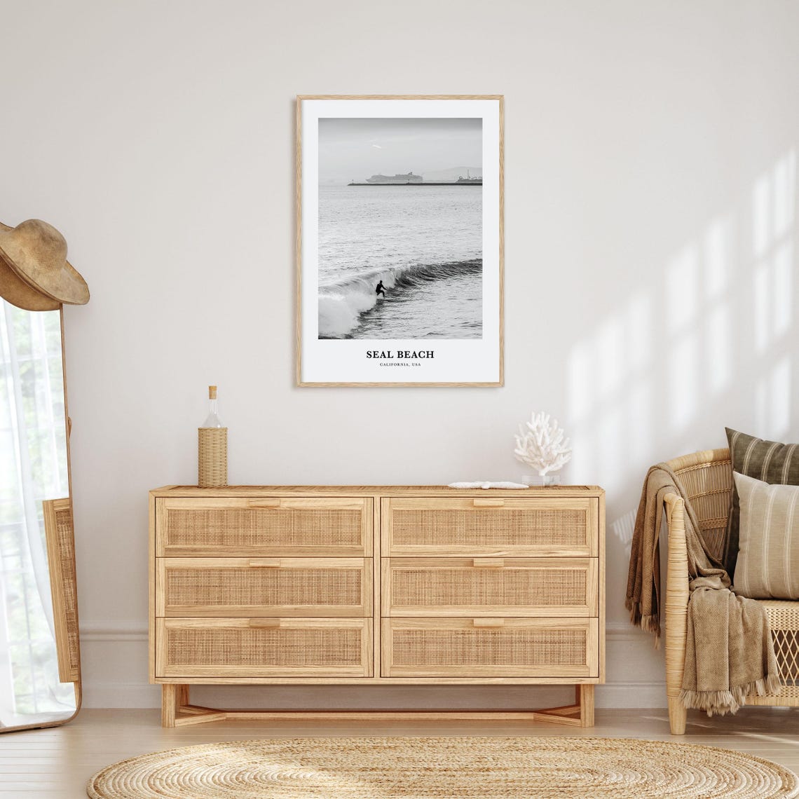 Seal Beach California Surfer Riding Wave Black White Travel Poster - Image 3