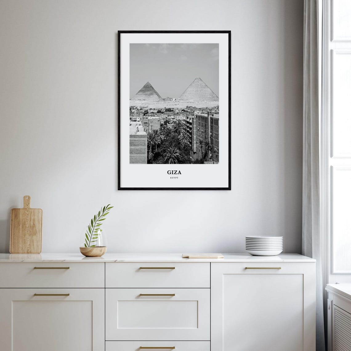 Giza Egypt Pyramids over City Rooftops Black and White Photo Poster - Image 2