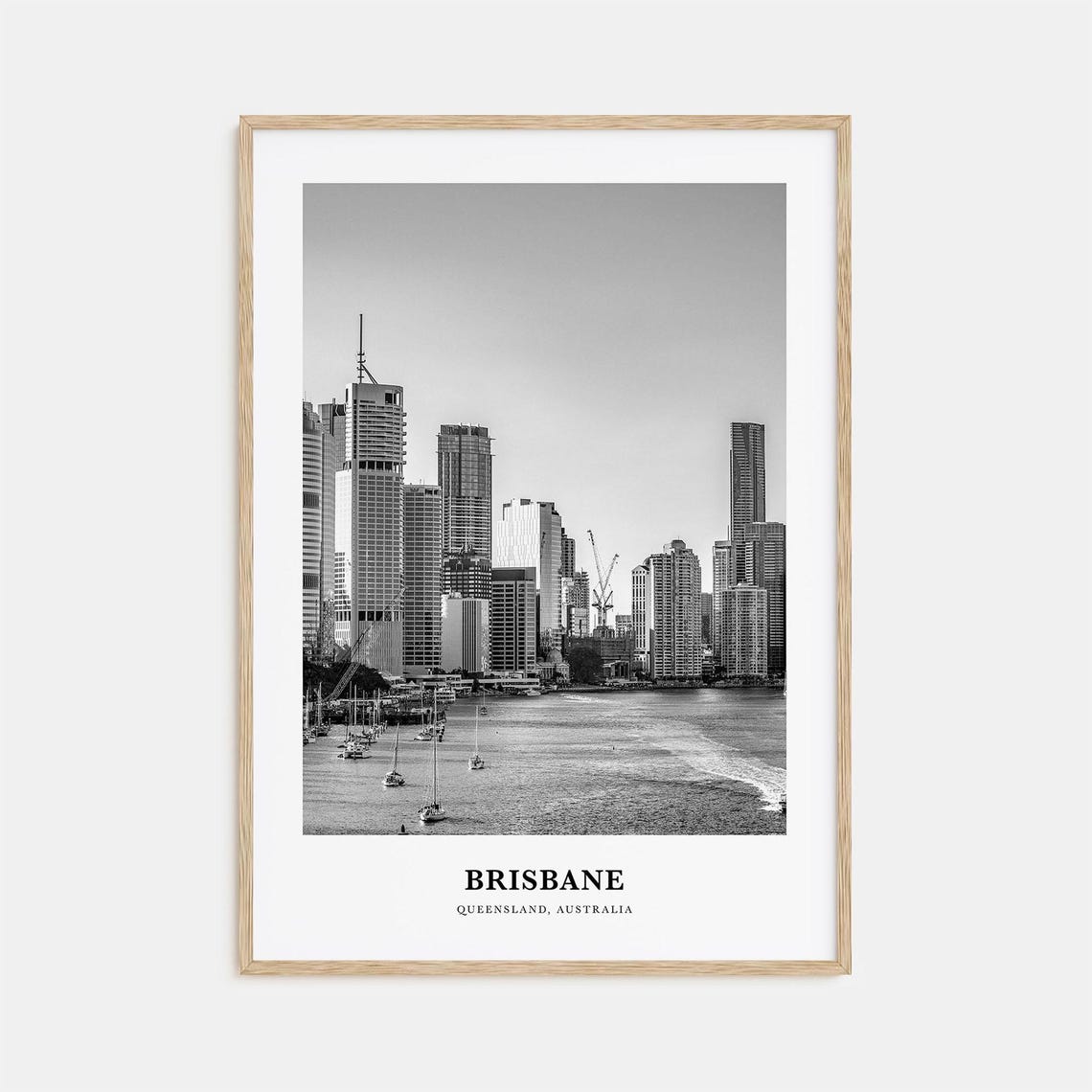 Brisbane River Skyline Sailboats Waterfront Black and White Poster