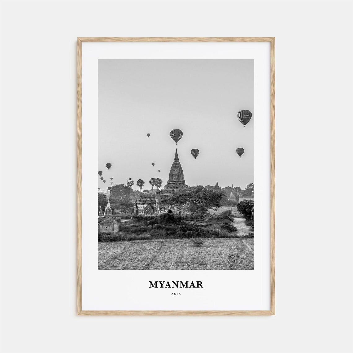 Bagan Myanmar Temples Hot Air Balloons Black And White Travel Poster