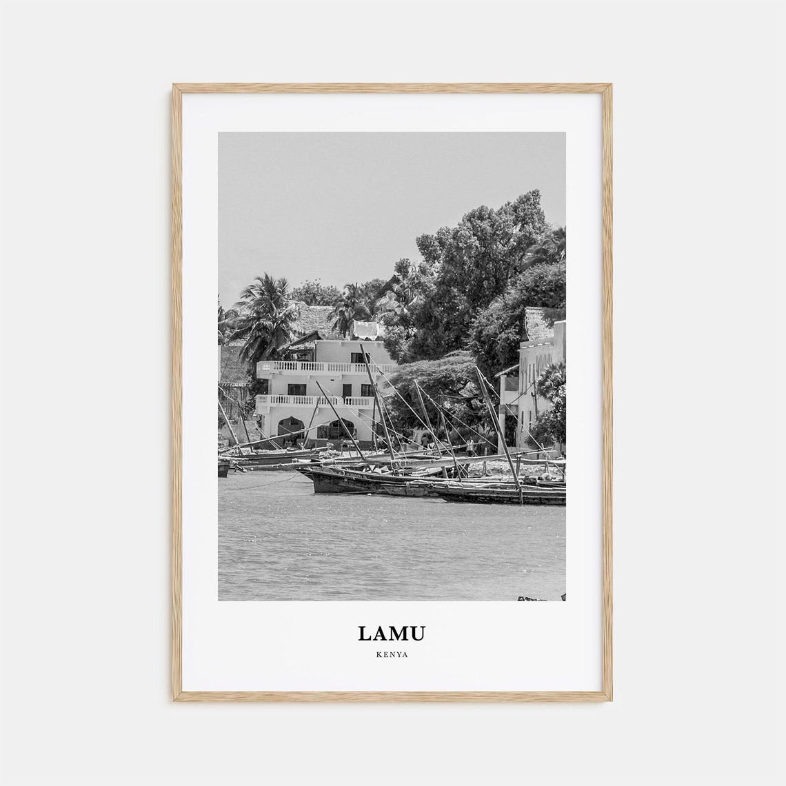 Lamu Kenya Waterfront Dhows Boats Black And White Travel Poster