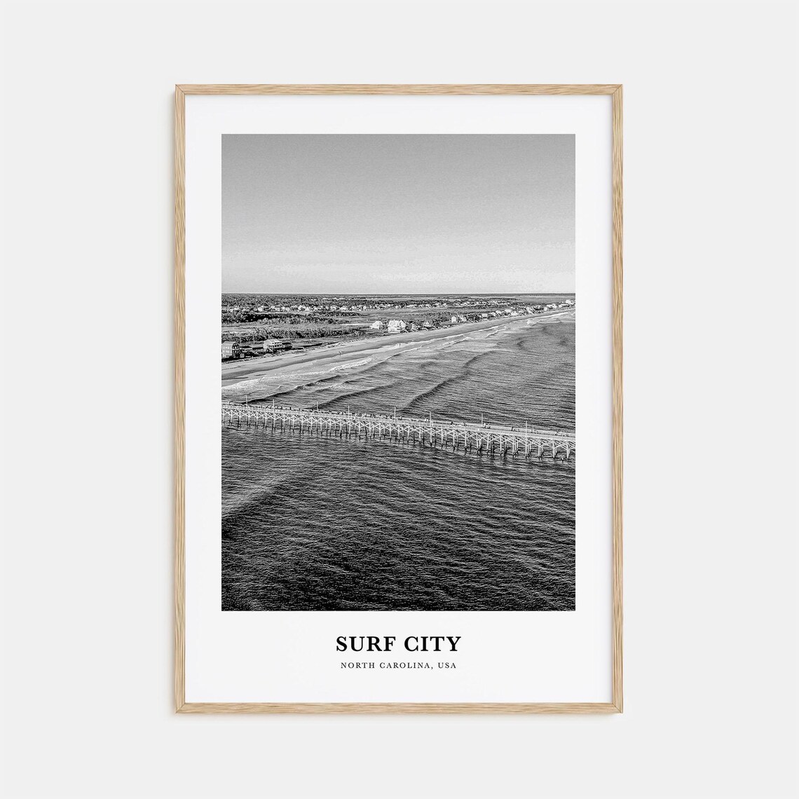 Surf City North Carolina Aerial Ocean Pier Black White Photo Poster