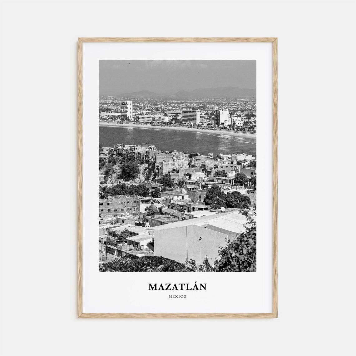 Mazatlan Mexico Coastal Bay City Skyline Black White Photo Poster