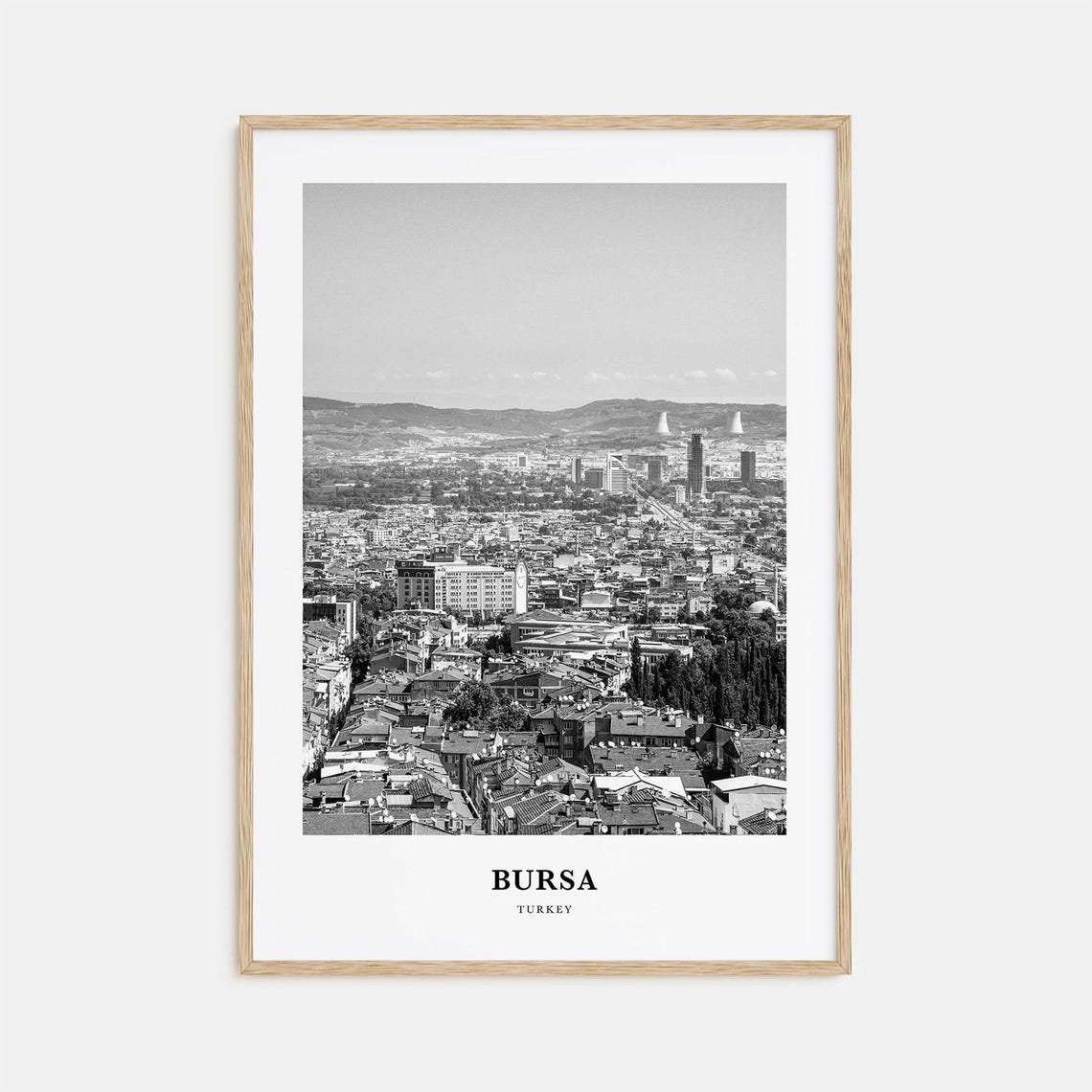 Bursa City Rooftops Panorama Hillside Black and White Travel Poster