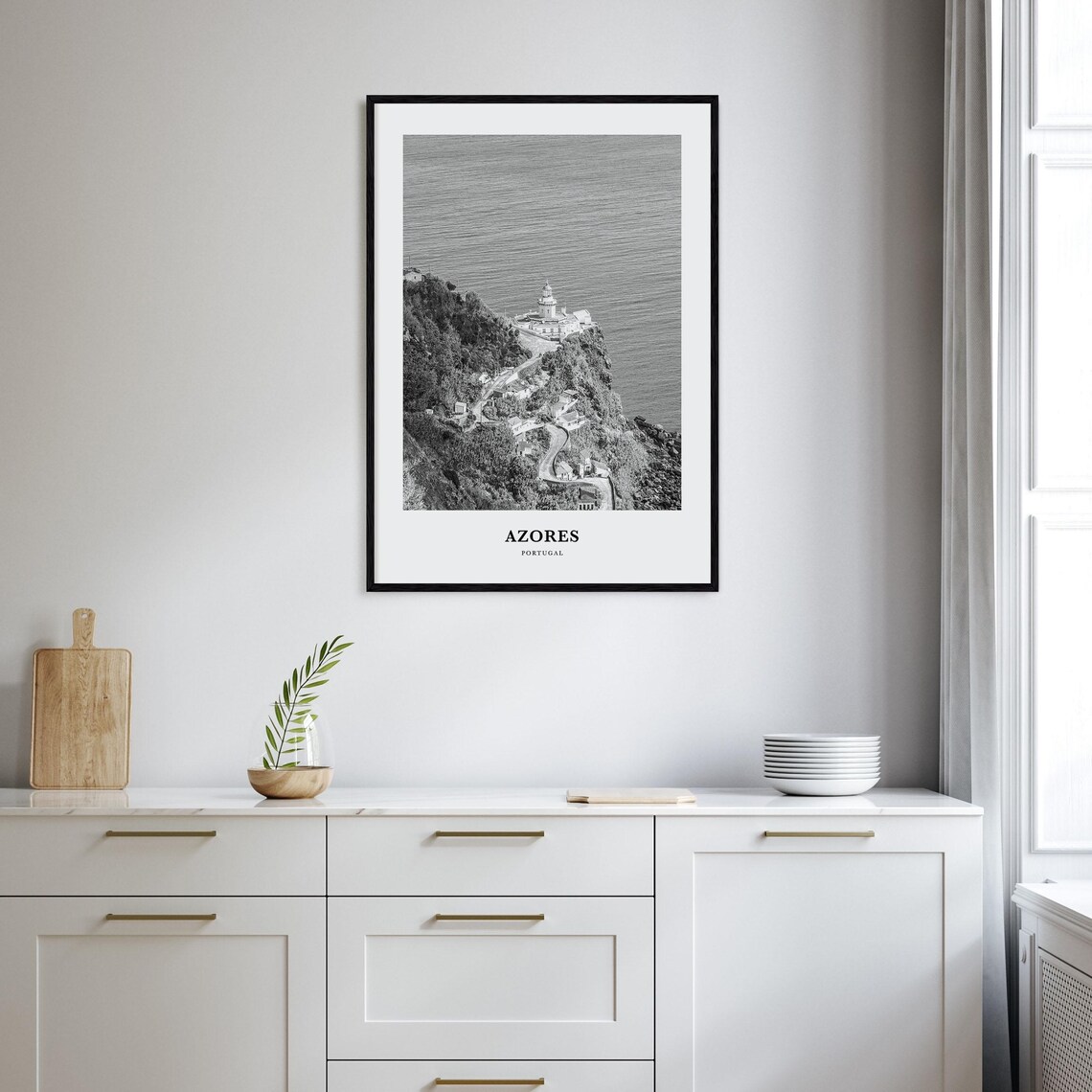 Azores Portugal Lighthouse Rocky Headland Black and White Poster - Image 2