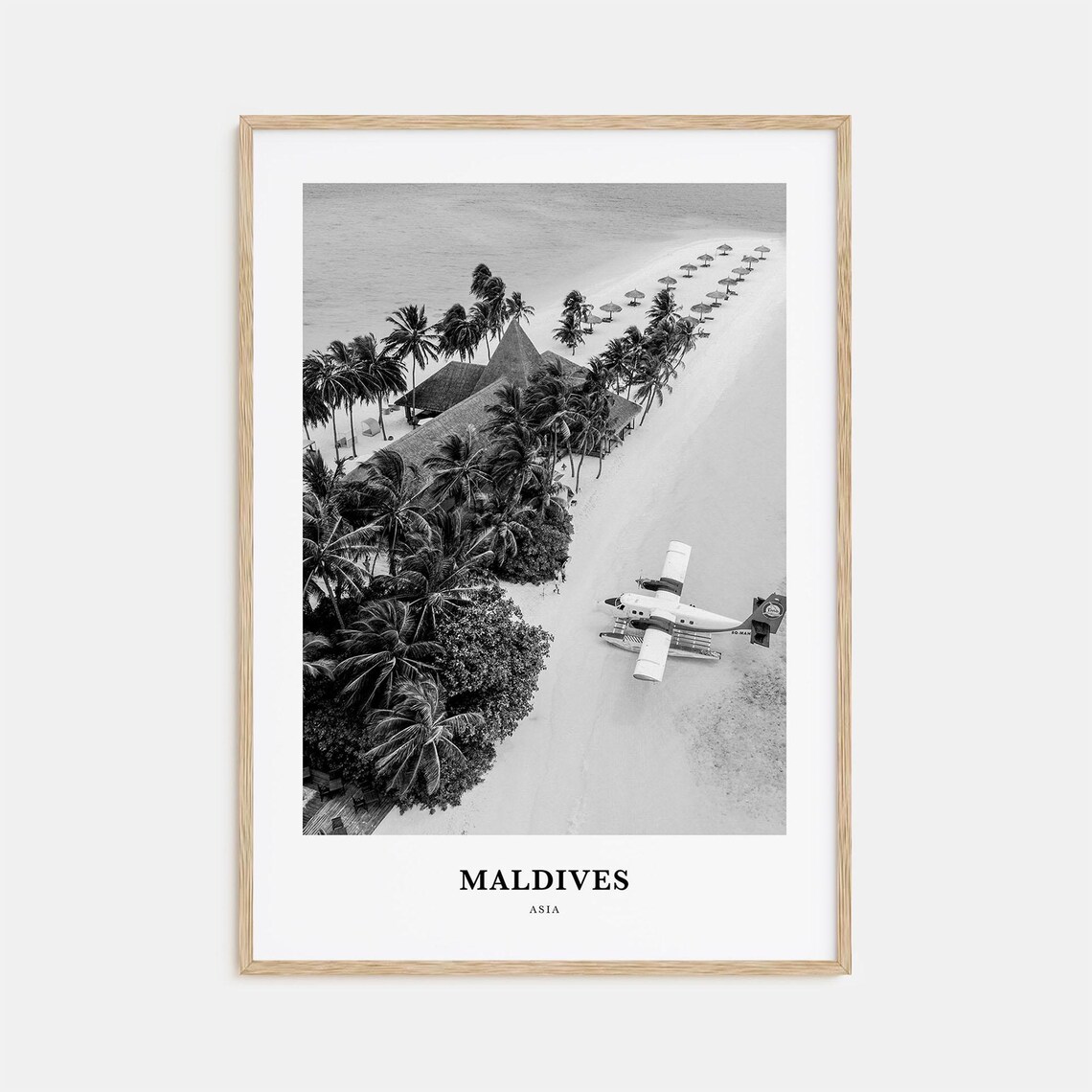 Maldives Asia Island Aerial Seaplane Lagoon Black White View Poster
