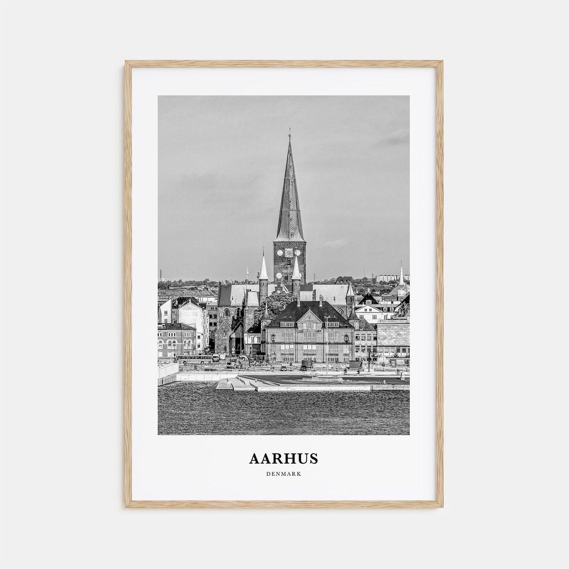 Aarhus Denmark Cathedral Old Town Waterfront Black and White Poster