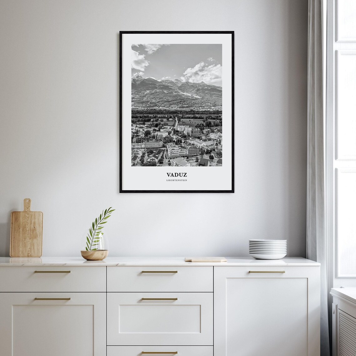 Vaduz Liechtenstein Alpine Town Mountain View Monochrome Art Poster - Image 2