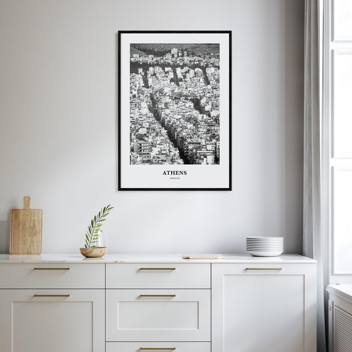 Athens Greece White Apartment Blocks Aerial Black and White Poster - Image 2