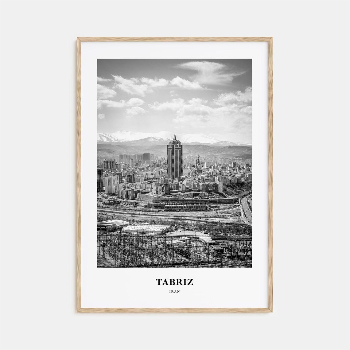 Tabriz Iran Cityscape Tower Mountains Black And White Photo Poster