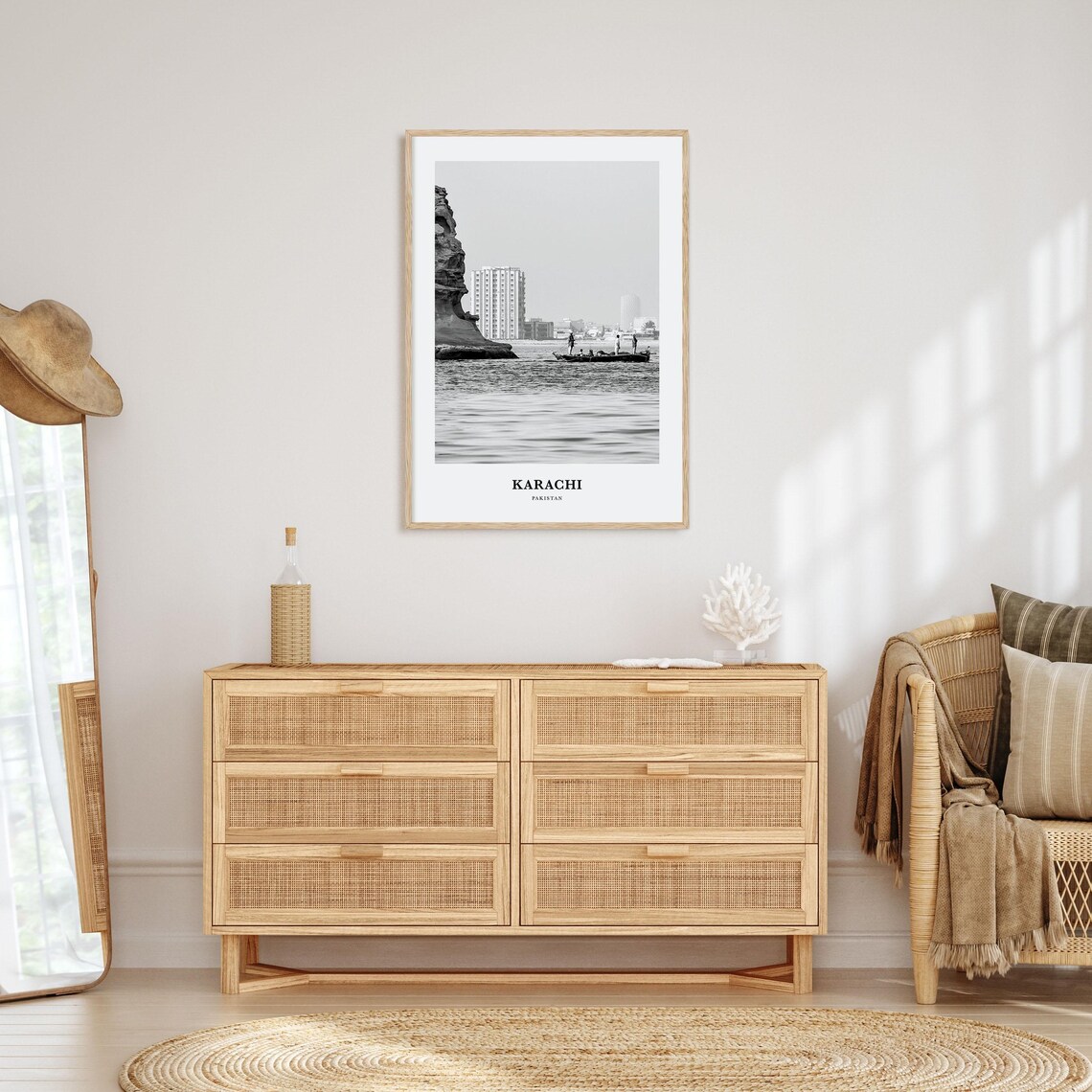 Karachi Pakistan Black and White Fishing Boat Harbor Scene Poster - Image 3