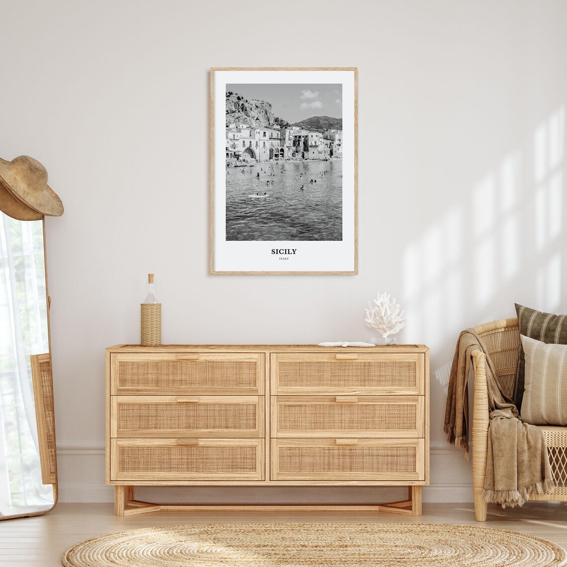 Sicily Italy Cefalu Beach Town Black and White Coastal Poster - Image 3